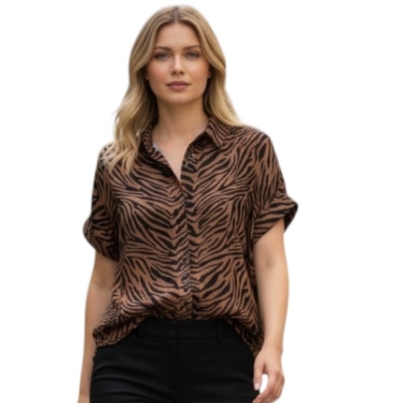 Rose + Olive Tops - Rose & Olive Cap Sleeve Top Brown & Black Animal Print Button Up Collared  Large